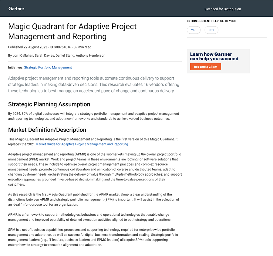 2022 Gartner® Magic Quadrant™ for Adaptive Project Management and Reporting